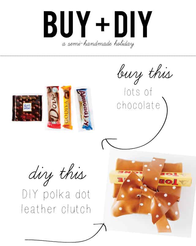 BUY + DIY: make a cute polka dot leather clutch and fill it with chocolate! Great gift idea!