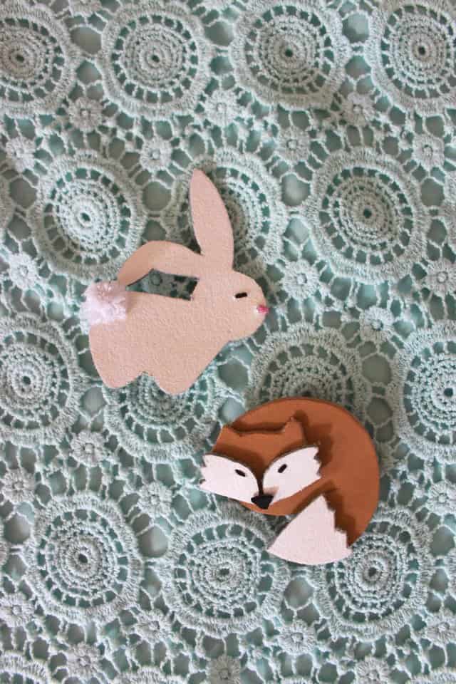 leather fox and bunny brooches