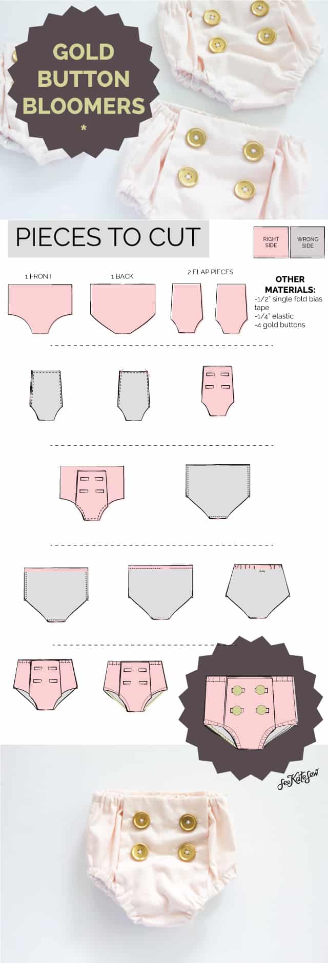 GOLD BUTTON BLOOMERS | FREE PATTERN | diy baby bloomers | diy baby clothing | handmade baby clothing | baby bloomer pattern || See Kate Sew #diybaby #freepattern #sewingtips