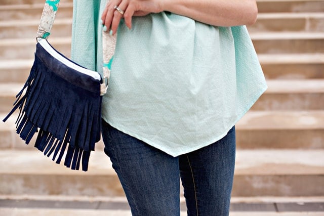 Delia Suede Leather Fringe Bucket Bag in Dark Blue