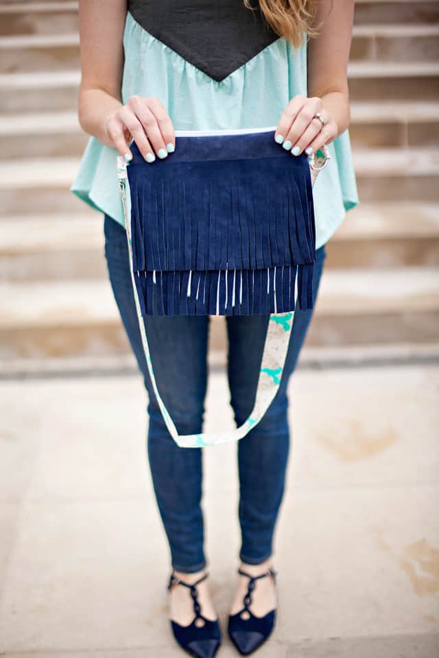 Delia Suede Leather Fringe Bucket Bag in Light Blue