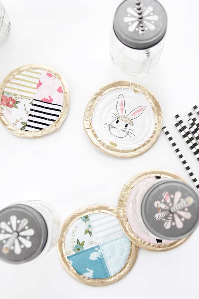 Bunny Coasters with Wonderland Fabric | diy fabric coasters | handmade drink coasters | fabric coaster diy | spring diy projects || See Kate Sew #fabriccoasters #diycoasters #drinkcoasters