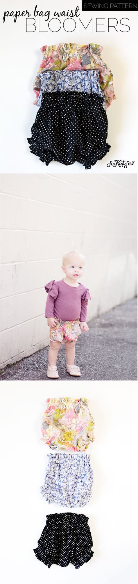 DIY PAPER BAG WAIST BABY BLOOMERS - Free Pattern! | diy kids clothing | kids clothing diy | baby clothing ideas | diy baby clothing | how to sew baby bloomers | diy baby bloomers | sewing tutorials | free sewing patterns | sewing tips and tricks || See Kate Sew #freesewingpatterns #diybabyclothes #diykidsclothes #diybabybloomers #seekatesew