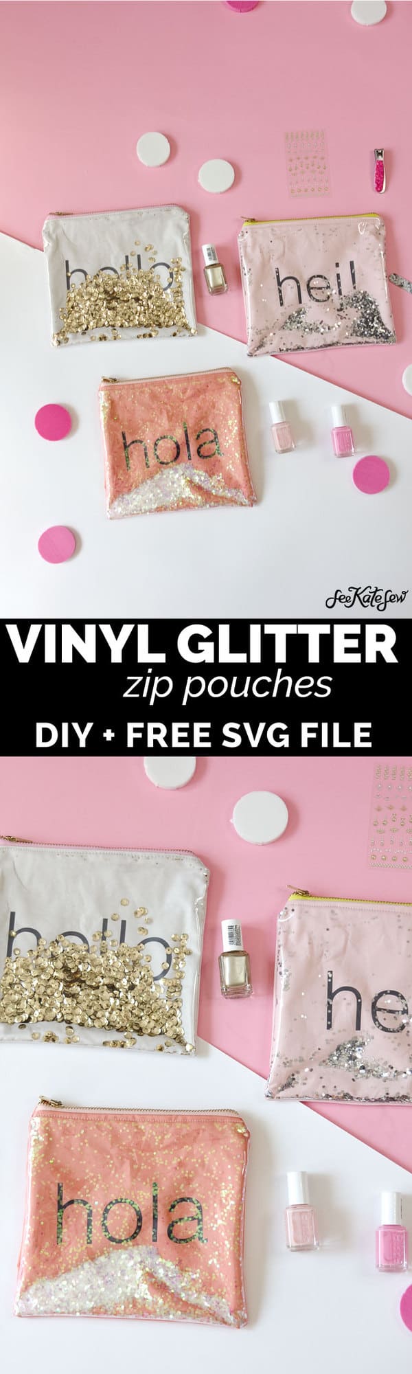 GLITTER SHAKE POUCH | diy makeup bag | diy zippered pouch | cricut projects | diy tips and tricks | diy sewing projects | sewing tips and tricks | sewing tutorials | how to make a zippered pouch || See Kate Sew #diyzipperpouch #diymakeupbag #cricutprojectideas #cricut #seekatesew