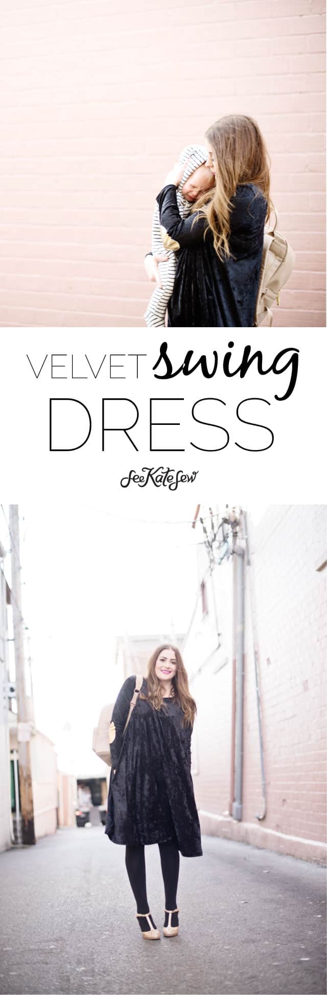 Velvet Swing Dress Pattern | NYE black velvet + gold pleather dress | diy dress | sewing clothing | diy clothing tips | how to sew a crushed velvet dress | holiday dress ideas || See Kate Sew #diyclothing #sewingtutorials #handmadeclothing