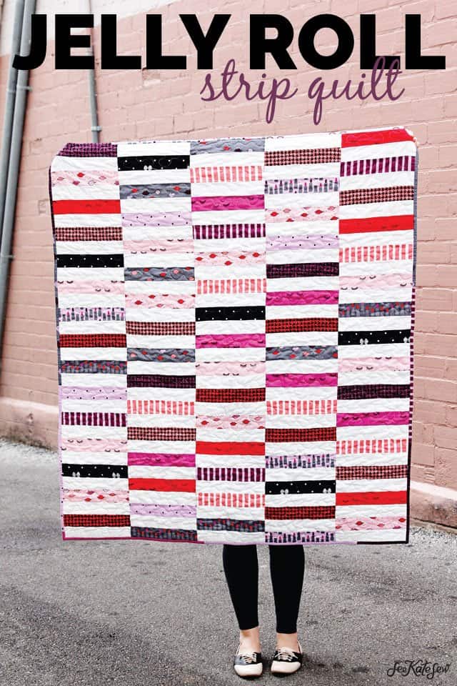 "Jelly Roll Strip" is a Free Lap Quilt Pattern designed by Kate Blocher from See Kate Sew!