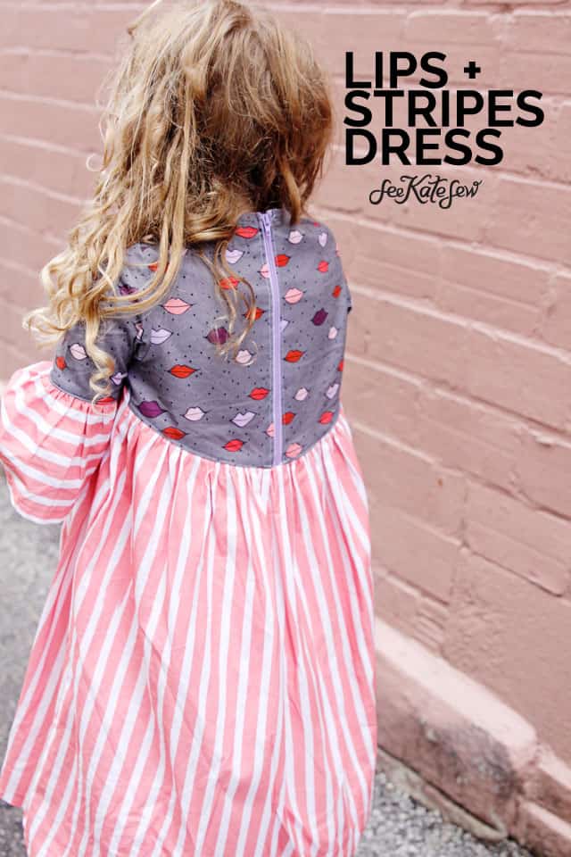 Lips + Stripes Dress | DIY Girls Dress | DIY Kids Clothes | Emma Dress Pattern | Kiss Me, Kate Fabric | Girls Dress Tutorial || See Kate Sew #diygirlsdress #emmadresspattern #kissmekatefabric #sewingtutorial #seekatesew