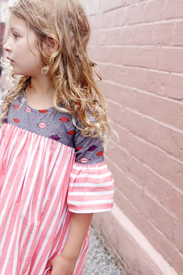 Lips + Stripes Dress | DIY Girls Dress | DIY Kids Clothes | Emma Dress Pattern | Kiss Me, Kate Fabric | Girls Dress Tutorial || See Kate Sew #diygirlsdress #emmadresspattern #kissmekatefabric #sewingtutorial #seekatesew