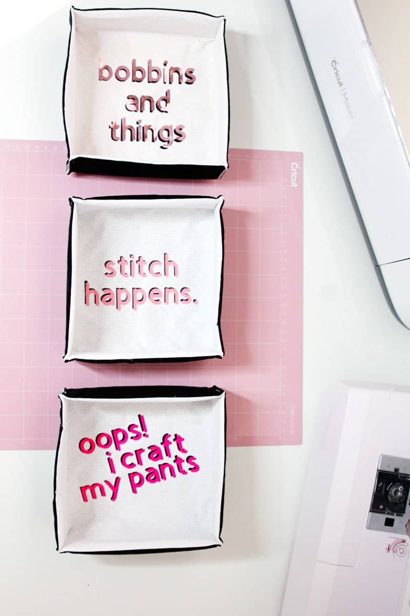 DIY Cheeky Fabric Boxes | DIY Fabric Boxes | DIY Shallow Boxes | Sewing Room Organization Tips | Cricut Projects || See Kate Sew #cricut #organization #seekatesew