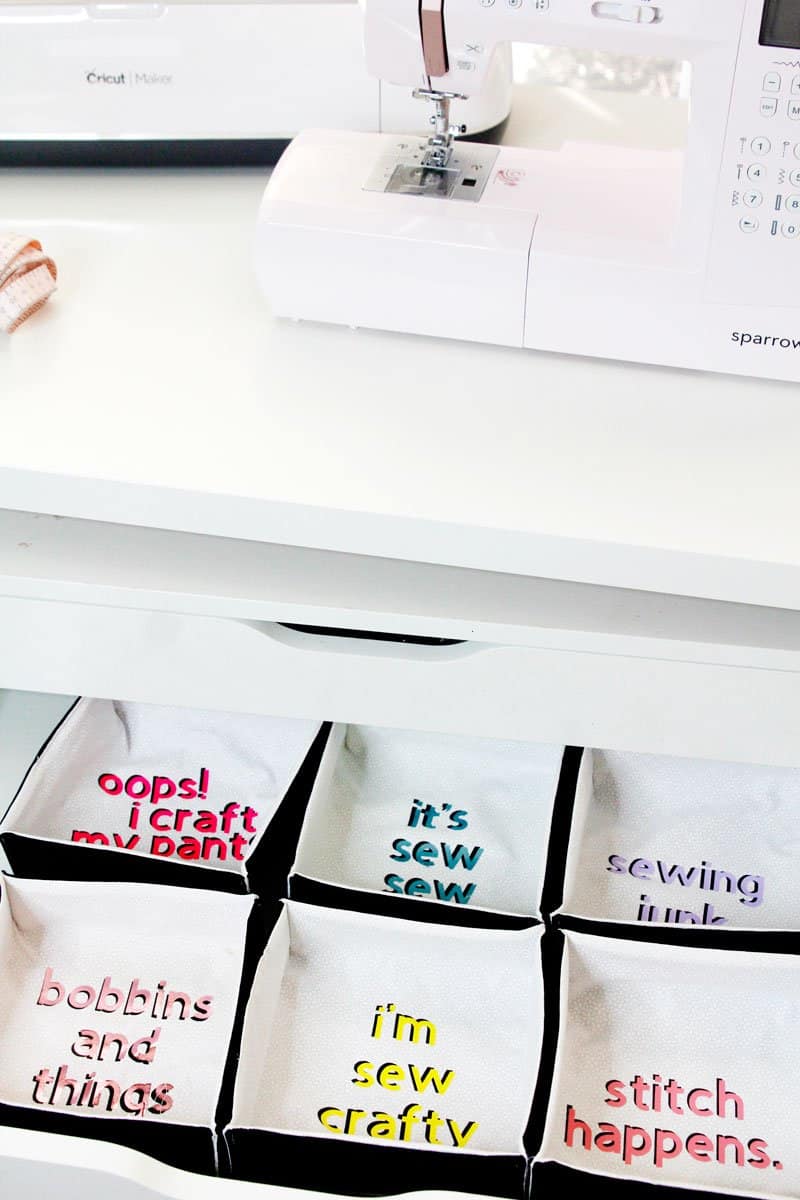 DIY Cheeky Fabric Boxes | DIY Fabric Boxes | DIY Shallow Boxes | Sewing Room Organization Tips | Cricut Projects || See Kate Sew #cricut #organization #seekatesew