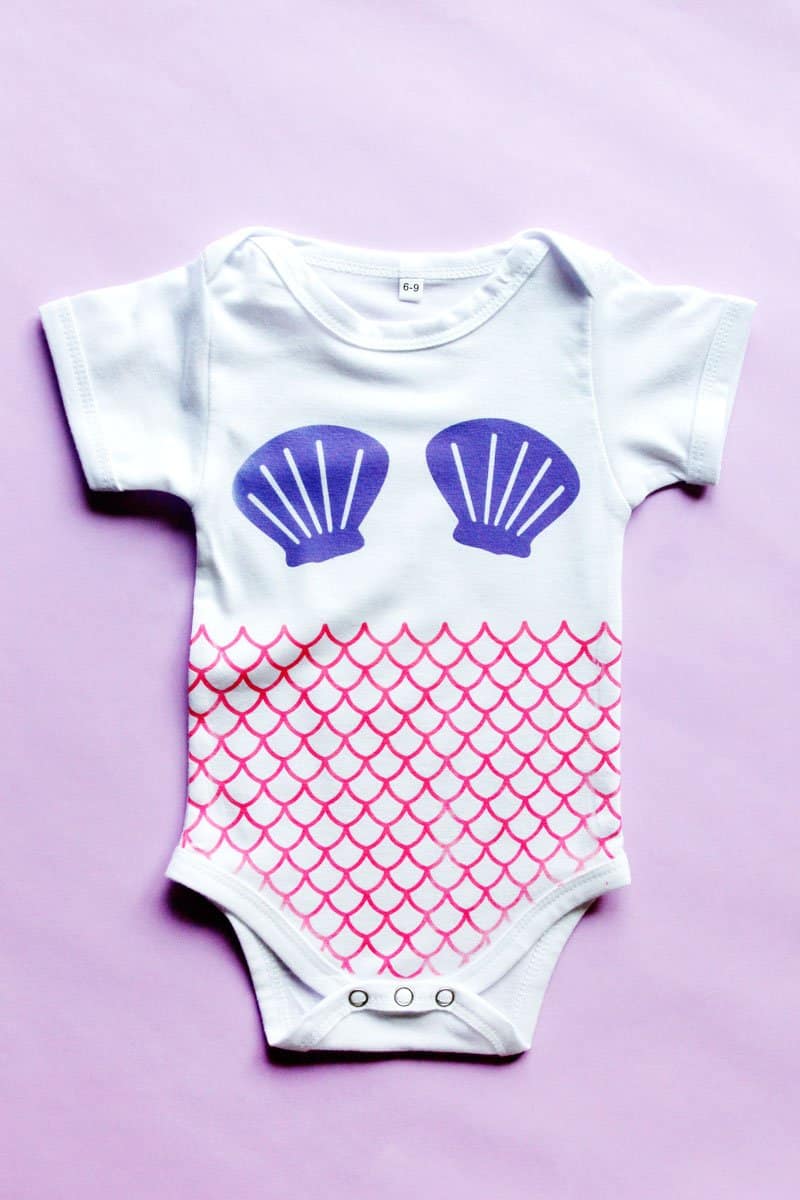 This Mermaid Onesie DIY with Cricut Infusible Ink is as cool as it sounds! The Infusible ink looks super professional, vibrant, and keeps it color after washing. || See Kate Sew #cricutcrafts #infusibleink #cricutdiy #seekatesew