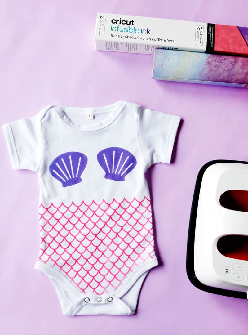 This Mermaid Onesie DIY with Cricut Infusible Ink is as cool as it sounds! The Infusible ink looks super professional, vibrant, and keeps it color after washing. || See Kate Sew #cricutcrafts #infusibleink #cricutdiy #seekatesew