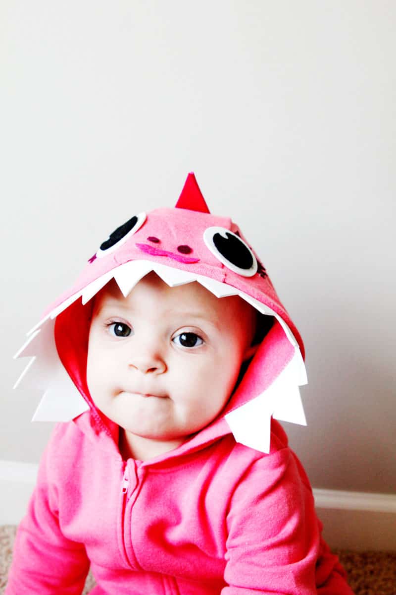 Pink DIY baby shark costume with a hoodie see kate sew