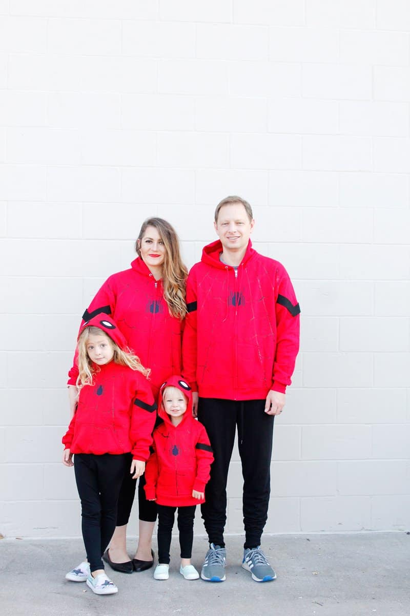 Spider-Man is a great easy costume to make for Halloween! Easy to make using red hoodies and black leggings, these costumes are quick and kid-friendly. || See Kate Sew #diyhalloween #diycostumes #spidermancostumes #spiderman #seekatesew