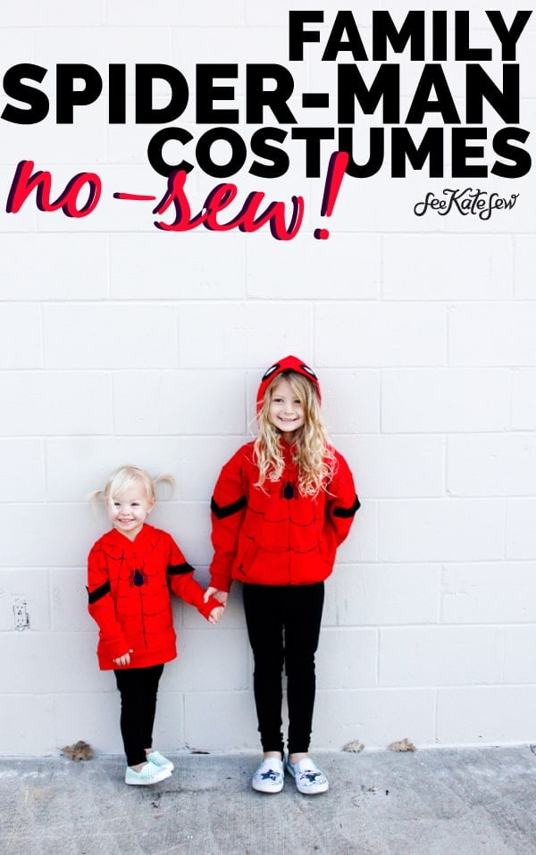 Spider-Man is a great easy costume to make for Halloween! Easy to make using red hoodies and black leggings, these costumes are quick and kid-friendly. || See Kate Sew #diyhalloween #diycostumes #spidermancostumes #spiderman #seekatesew