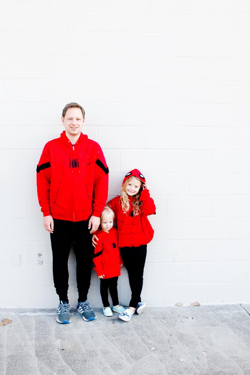 Spider-Man is a great easy costume to make for Halloween! Easy to make using red hoodies and black leggings, these costumes are quick and kid-friendly. || See Kate Sew #diyhalloween #diycostumes #spidermancostumes #spiderman #seekatesew