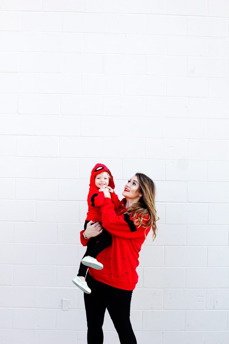 Spider-Man is a great easy costume to make for Halloween! Easy to make using red hoodies and black leggings, these costumes are quick and kid-friendly. || See Kate Sew #diyhalloween #diycostumes #spidermancostumes #spiderman #seekatesew