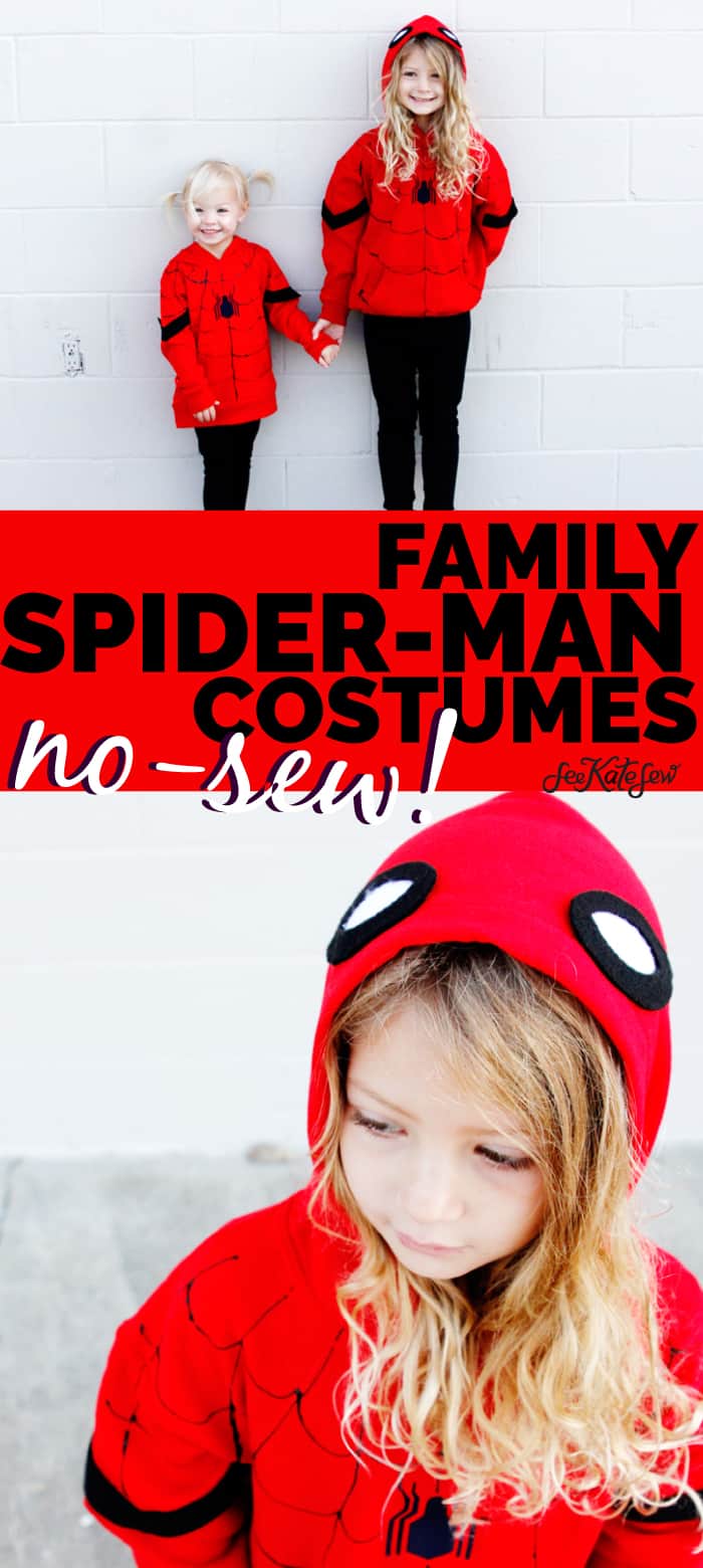 Spider-Man is a great easy costume to make for Halloween! Easy to make using red hoodies and black leggings, these costumes are quick and kid-friendly. || See Kate Sew #diyhalloween #diycostumes #spidermancostumes #spiderman #seekatesew