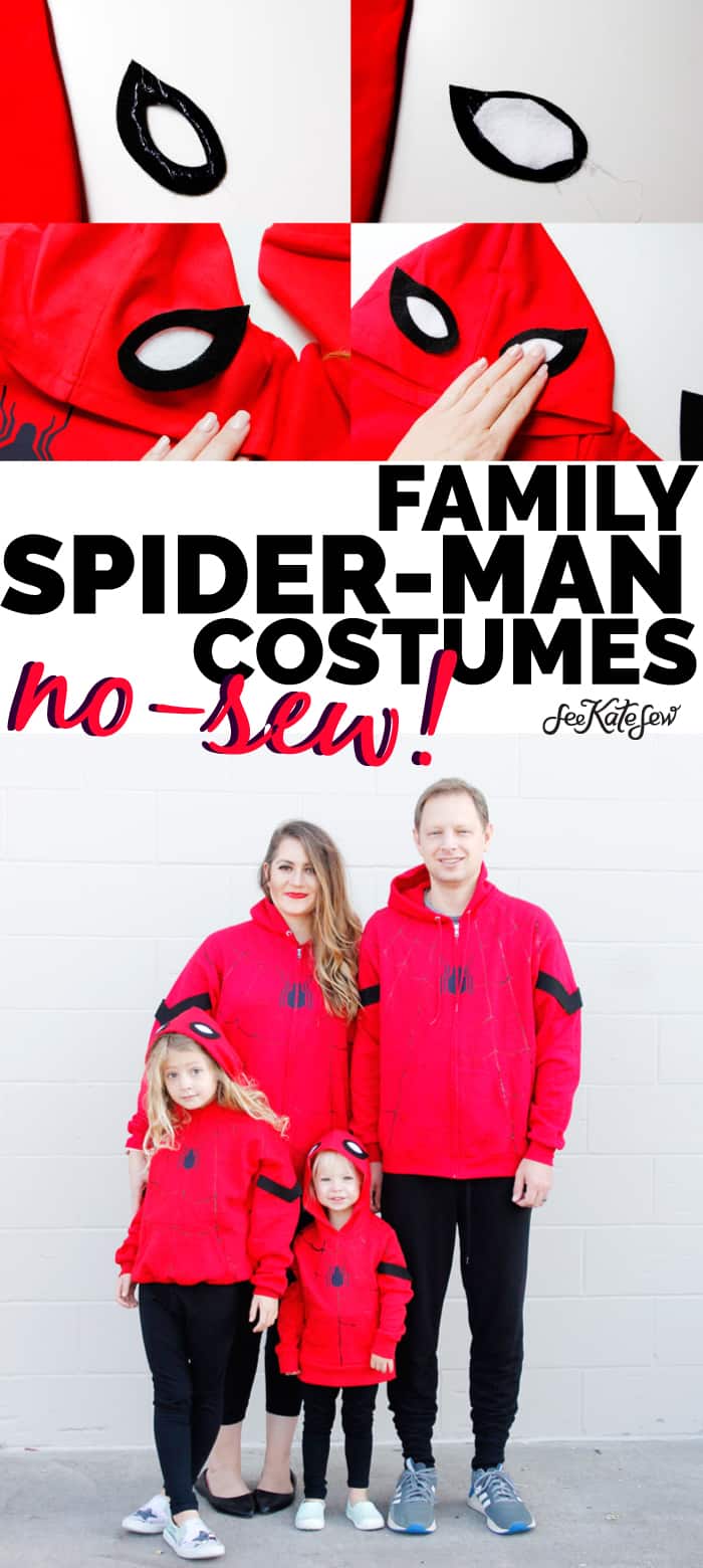 Spider-Man is a great easy costume to make for Halloween! Easy to make using red hoodies and black leggings, these costumes are quick and kid-friendly. || See Kate Sew #diyhalloween #diycostumes #spidermancostumes #spiderman #seekatesew