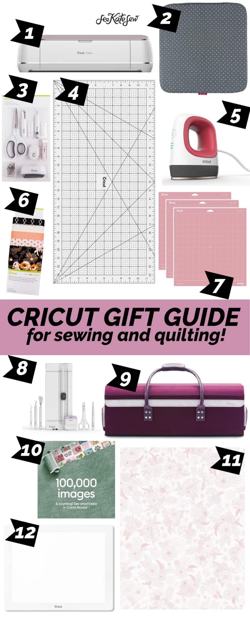 Cricut supplies that are perfect for the sewing, crafter, and quilter on your list! Here are my top 12 favorite Cricut supplies. || See Kate Sew #giftguide #cricut #cricutsupplies #cricutgifts #sewinggifts #craftgifts #quiltergifts #seekatesew