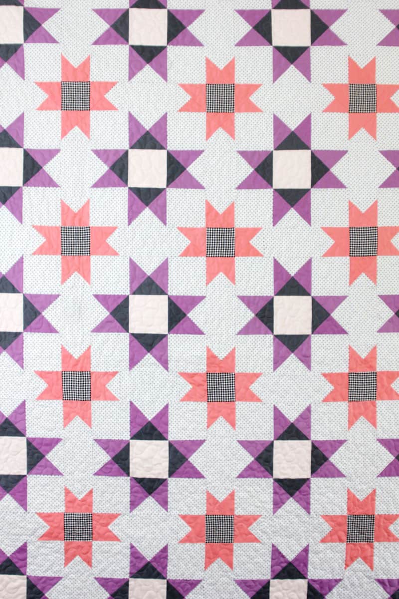With a design of stars and diamonds and a fun color palette, The Farmhouse Quilt, is the perfect first quilt pattern for Pattern of the Month! with fresh patterns on the 1st of every month, you will always have a project ready to go! || See Kate Sew #rileyblake #farmhousequilt #patternofthemonth #kissmekate #quiltpatterns #quilts #seekatesew