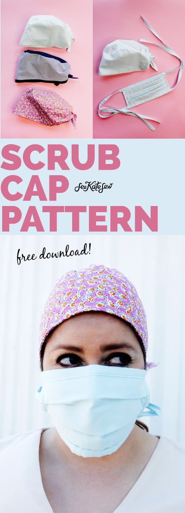 Drawstring scrub cap pattern and face mask pattern 5 sizes